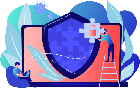 Programmeur avec système de bouclier de puzzle surveillant le trafic réseau. Pare-feu, système de sécurité réseau et concept de pare-feu réseau