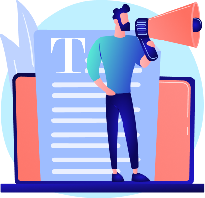 Marketing de contenu et de médias de masse. Rédaction de publicité sur Internet. Article promotionnel, actualité, diffusion. Blogger, personne tenant une illustration de concept de mégaphone