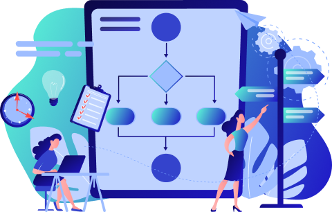 Analyste d'affaires avec ordinateur portable, ampoule idée et waymark. Gestion des décisions, analyse d'entreprise, outil informatique de décision et illustration du concept du système de décision